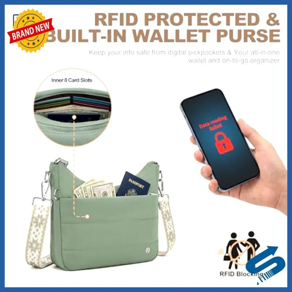 Quilted Puffer Crossbody Bag with RFID Blocking & Built-in Wallet